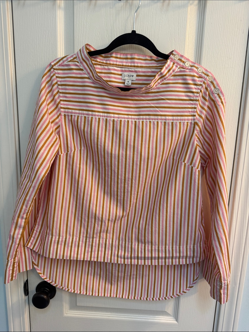 J. Crew Pink, Yellow & White Striped Button-Shoulder Blouse
